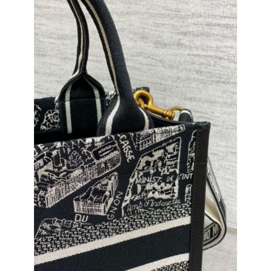 Replica Dior Small Book Tote Bag with Strap Plan de Paris Embroidery and Black Calfskin
