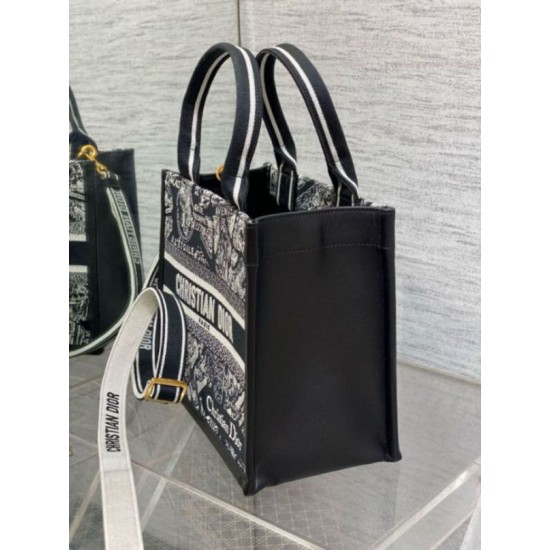 Replica Dior Small Book Tote Bag with Strap Plan de Paris Embroidery and Black Calfskin