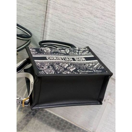 Replica Dior Small Book Tote Bag with Strap Plan de Paris Embroidery and Black Calfskin