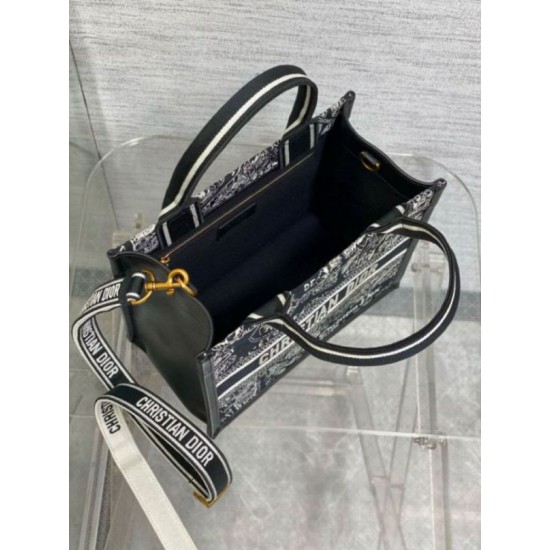 Replica Dior Small Book Tote Bag with Strap Plan de Paris Embroidery and Black Calfskin