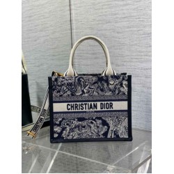 Fake Dior Small Book Tote Bag with Strap Toile de Jouy Reverse Embroidery and Blue Calfskin Replica