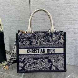 Fake Dior Small Book Tote Bag with Strap Toile de Jouy Reverse Embroidery and Blue Calfskin Replica