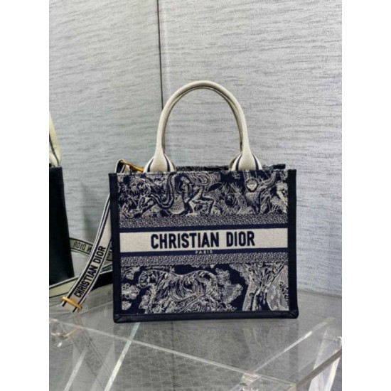 Fake Dior Small Book Tote Bag with Strap Toile de Jouy Reverse Embroidery and Blue Calfskin Replica