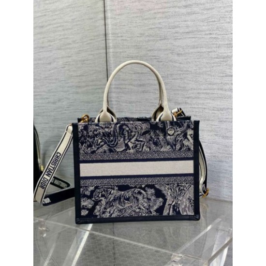 Fake Dior Small Book Tote Bag with Strap Toile de Jouy Reverse Embroidery and Blue Calfskin Replica