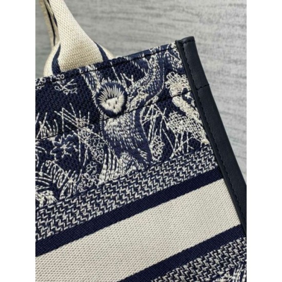 Fake Dior Small Book Tote Bag with Strap Toile de Jouy Reverse Embroidery and Blue Calfskin Replica