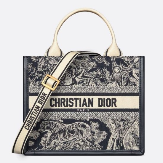 Fake Dior Small Book Tote Bag with Strap Toile de Jouy Reverse Embroidery and Blue Calfskin Replica