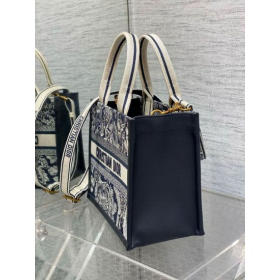 Fake Dior Small Book Tote Bag with Strap Toile de Jouy Reverse Embroidery and Blue Calfskin Replica