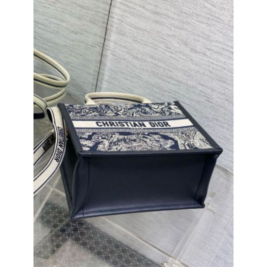 Fake Dior Small Book Tote Bag with Strap Toile de Jouy Reverse Embroidery and Blue Calfskin Replica