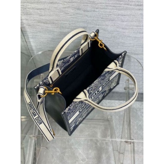 Fake Dior Small Book Tote Bag with Strap Toile de Jouy Reverse Embroidery and Blue Calfskin Replica