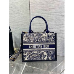 Fake Dior Small Book Tote Bag with Strap Toile de Jouy Sauvage Embroidery with Blue Calfskin Replica