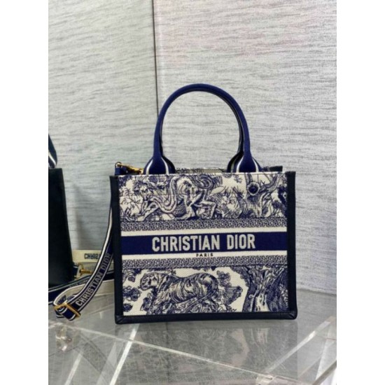 Fake Dior Small Book Tote Bag with Strap Toile de Jouy Sauvage Embroidery with Blue Calfskin Replica