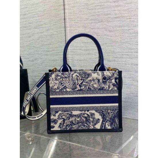 Fake Dior Small Book Tote Bag with Strap Toile de Jouy Sauvage Embroidery with Blue Calfskin Replica
