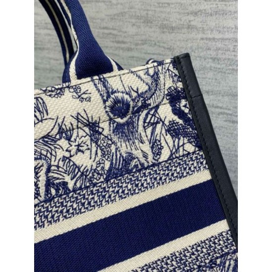 Fake Dior Small Book Tote Bag with Strap Toile de Jouy Sauvage Embroidery with Blue Calfskin Replica