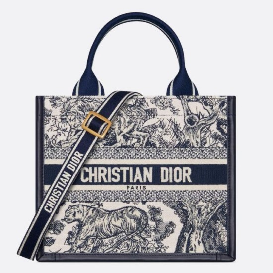 Fake Dior Small Book Tote Bag with Strap Toile de Jouy Sauvage Embroidery with Blue Calfskin Replica