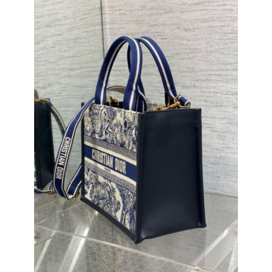 Fake Dior Small Book Tote Bag with Strap Toile de Jouy Sauvage Embroidery with Blue Calfskin Replica
