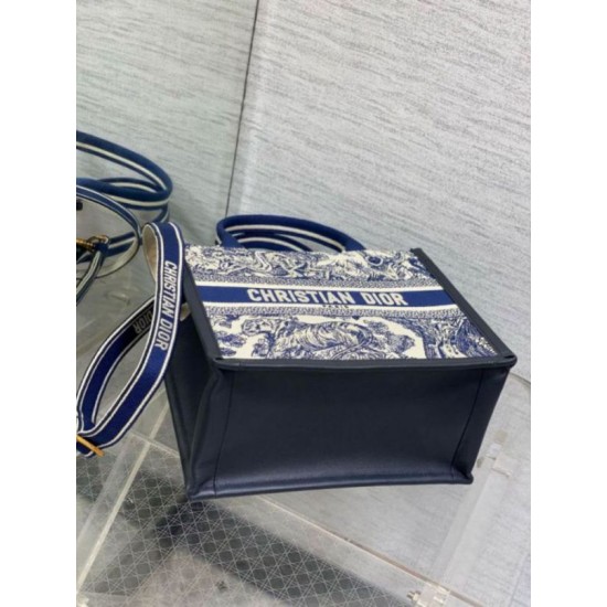 Fake Dior Small Book Tote Bag with Strap Toile de Jouy Sauvage Embroidery with Blue Calfskin Replica