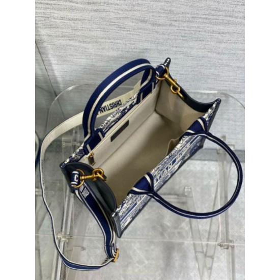 Fake Dior Small Book Tote Bag with Strap Toile de Jouy Sauvage Embroidery with Blue Calfskin Replica