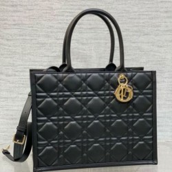 Fake Dior Medium Book Tote Bag with Strap Black Macrocannage Calfskin Replica