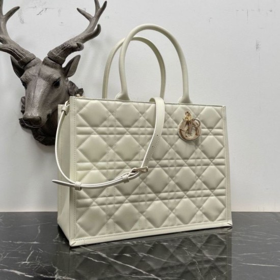 Replica Dior Medium Book Tote Bag with Strap White Macrocannage Calfskin