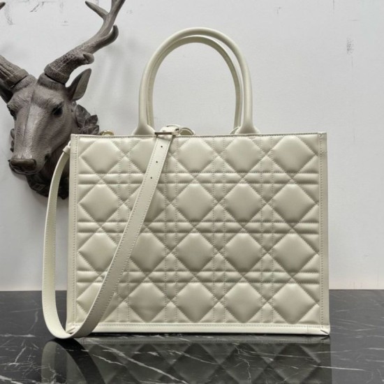 Replica Dior Medium Book Tote Bag with Strap White Macrocannage Calfskin