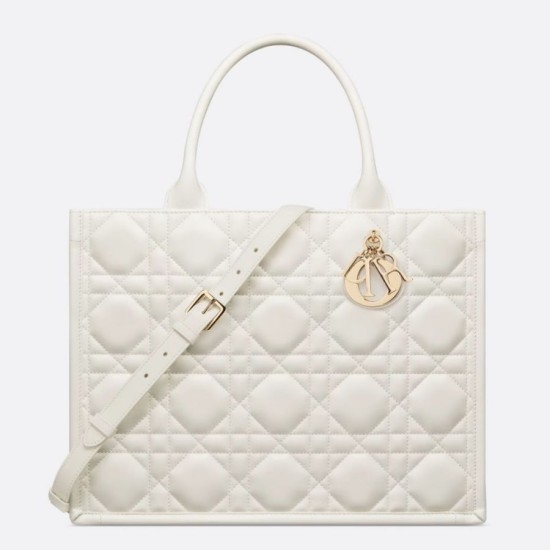 Replica Dior Medium Book Tote Bag with Strap White Macrocannage Calfskin
