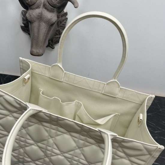 Replica Dior Medium Book Tote Bag with Strap White Macrocannage Calfskin