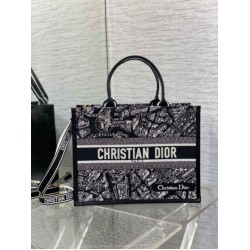 Replica Dior Medium Book Tote Bag with Strap Plan de Paris Embroidery and Black Calfskin