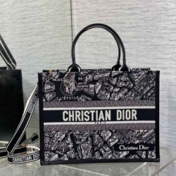 Replica Dior Medium Book Tote Bag with Strap Plan de Paris Embroidery and Black Calfskin