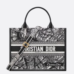 Replica Dior Medium Book Tote Bag with Strap Plan de Paris Embroidery and Black Calfskin