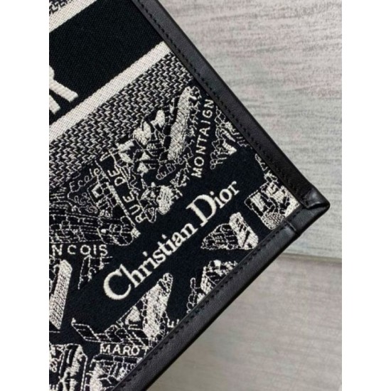 Replica Dior Medium Book Tote Bag with Strap Plan de Paris Embroidery and Black Calfskin
