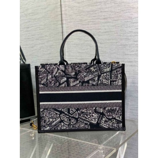 Replica Dior Medium Book Tote Bag with Strap Plan de Paris Embroidery and Black Calfskin