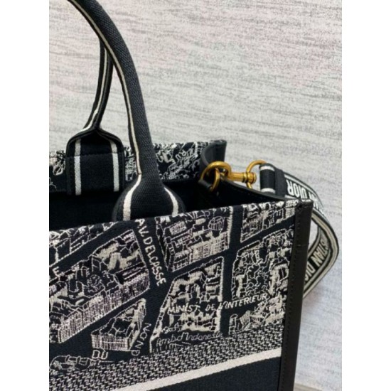 Replica Dior Medium Book Tote Bag with Strap Plan de Paris Embroidery and Black Calfskin