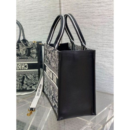 Replica Dior Medium Book Tote Bag with Strap Plan de Paris Embroidery and Black Calfskin