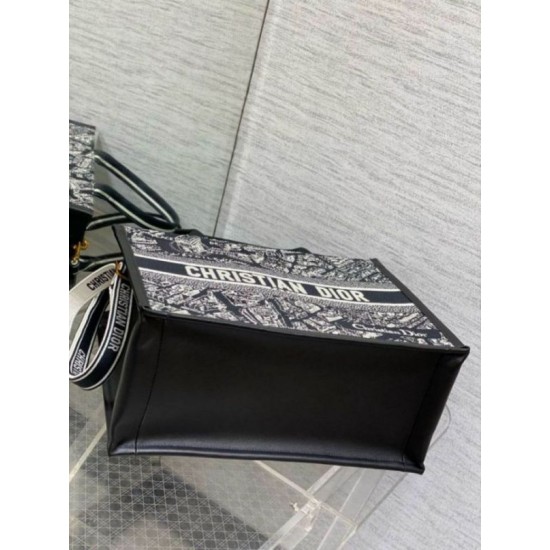 Replica Dior Medium Book Tote Bag with Strap Plan de Paris Embroidery and Black Calfskin