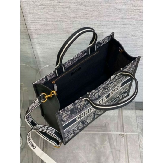 Replica Dior Medium Book Tote Bag with Strap Plan de Paris Embroidery and Black Calfskin