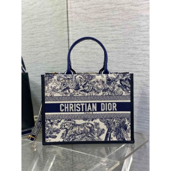 Replica Dior Medium Book Tote Bag with Strap Blue Toile de Jouy Sauvage Embroidery