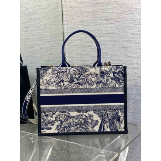 Replica Dior Medium Book Tote Bag with Strap Blue Toile de Jouy Sauvage Embroidery