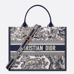 Replica Dior Medium Book Tote Bag with Strap Blue Toile de Jouy Sauvage Embroidery