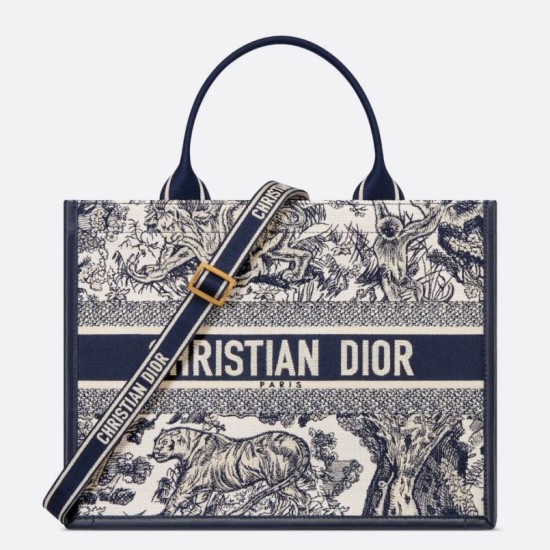 Replica Dior Medium Book Tote Bag with Strap Blue Toile de Jouy Sauvage Embroidery