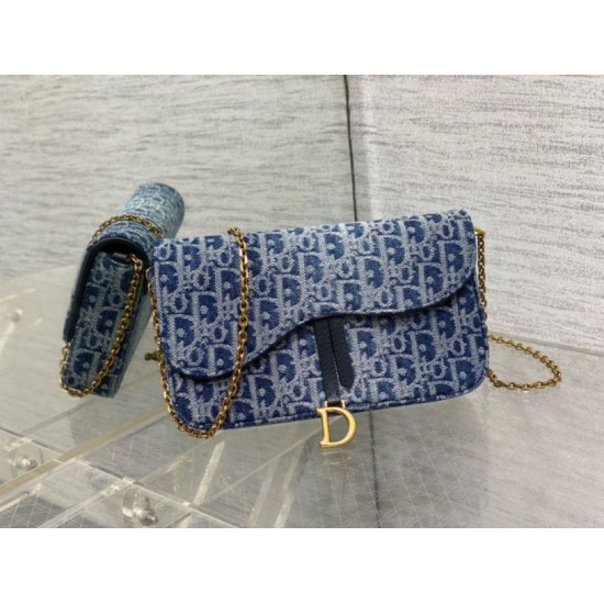 Replica Dior Saddle Chain Pouch Blue Denim Oblique Jacquard