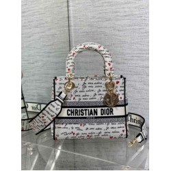 Replica Dior Lady D-Lite Medium Bag White and Red Je Vous Adore Motif