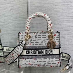 Replica Dior Lady D-Lite Medium Bag White and Red Je Vous Adore Motif