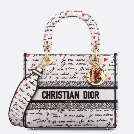 Fake Dior Lady D-Lite Medium Bag White and Red Je Vous Adore Motif Replica Replica Dior Lady D-Lite Medium Bag White and Red Je Vous Adore Motif