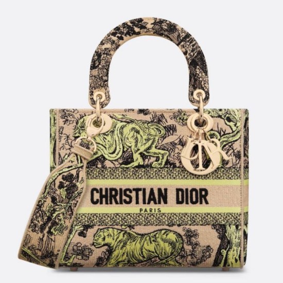 Replica Dior Dioriviera Lady D-Lite Medium Bag Raffia with Lime Toile de Jouy Sauvage Embroidery