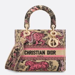 Fake Dior Dioriviera Lady D-Lite Medium Bag Raffia with Pink Toile de Jouy Sauvage Embroidery Replica