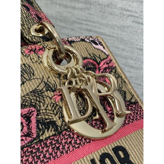Fake Dior Dioriviera Lady D-Lite Medium Bag Raffia with Pink Toile de Jouy Sauvage Embroidery Replica