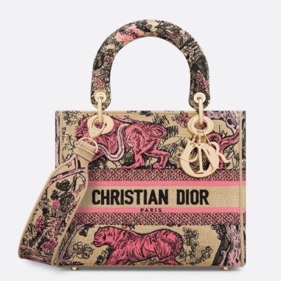 Fake Dior Dioriviera Lady D-Lite Medium Bag Raffia with Pink Toile de Jouy Sauvage Embroidery Replica