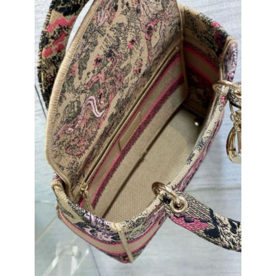 Fake Dior Dioriviera Lady D-Lite Medium Bag Raffia with Pink Toile de Jouy Sauvage Embroidery Replica