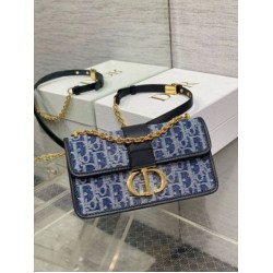 Replica Dior 30 Montaigne East-West Bag with Chain Blue Denim Oblique Jacquard