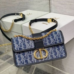 Replica Dior 30 Montaigne East-West Bag with Chain Blue Denim Oblique Jacquard